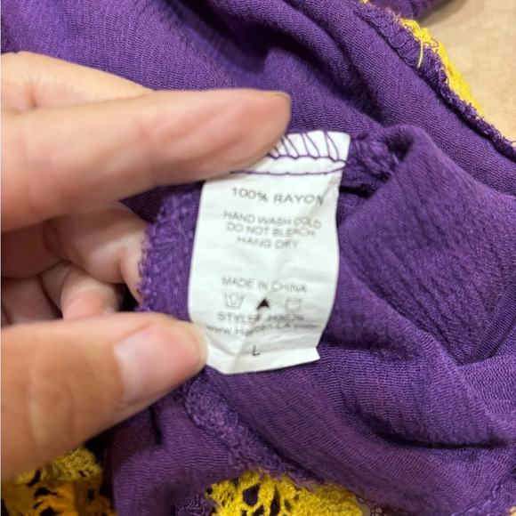 Women’s Size L Purple & Gold Rayon Blouse Tunic Off The Shoulder Lace Trim - Picture 2 of 7